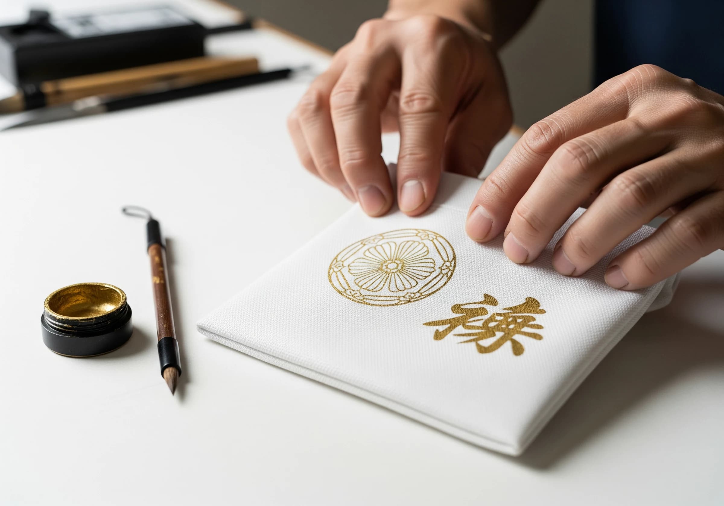 白生地に家紋と書を仕立てる手仕事